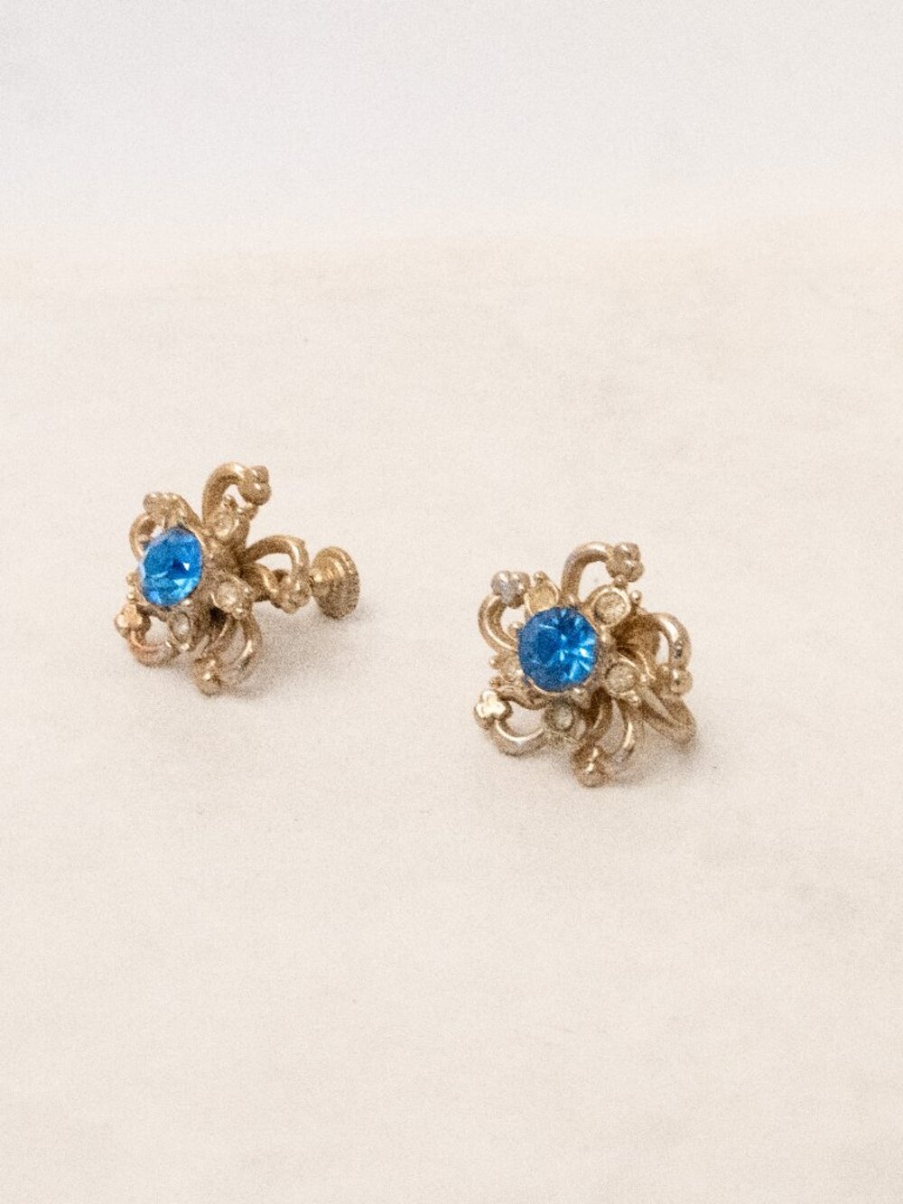 Gold Floral Screw Back Earrings with Blue and Clear Crystals, 1960s